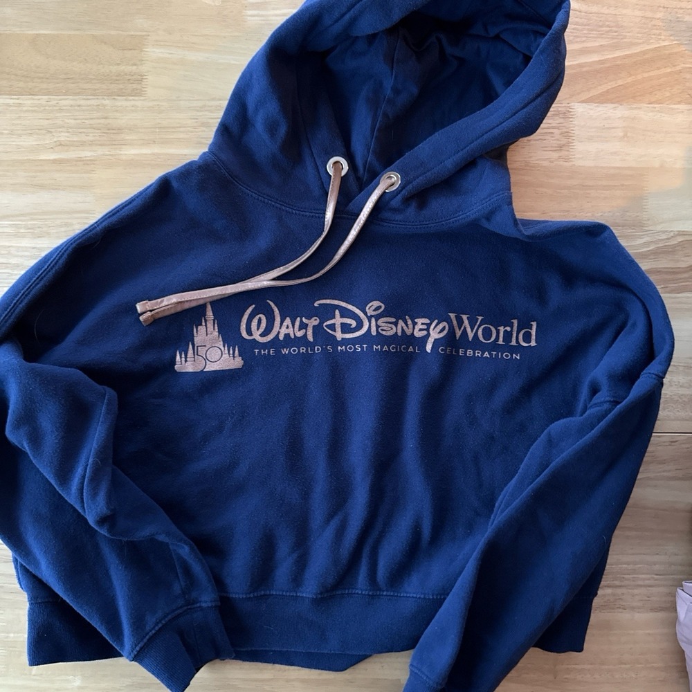 Walt Disney World 50th Anniversary Navy‎ Castle Crop Top Hoodie Sweatshirt Large